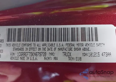 2019 Ram 1500 Big Horn/Lone Star 4X2 5'7 Box z USA, uszkodzony, nr VIN 1C6RREFT5KN679739